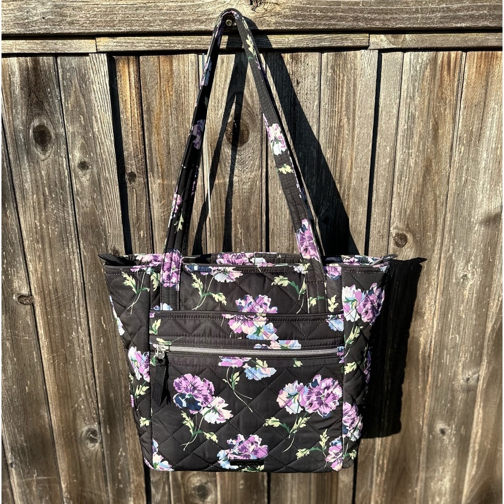 Vera Bradley Black Quilted Tote with Purple Floral Pattern